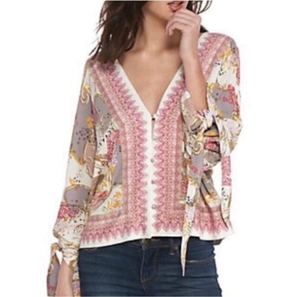 Free People White Pink Floral Print V-Neck Tie Sleeve Blouse